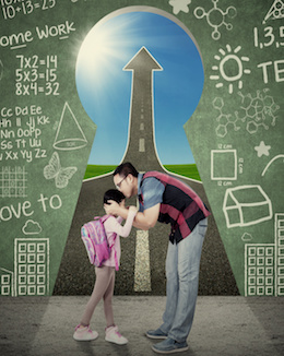 Young father kiss his daughter before going to school in front of a key hole with scribble and upward arrow